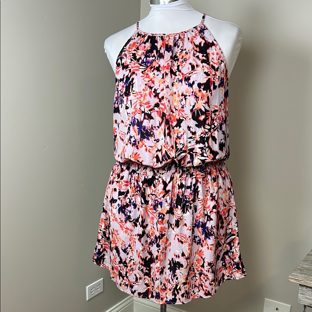 Allison Joy Floral Halter Mini Dress Large Blouson Elastic Waist